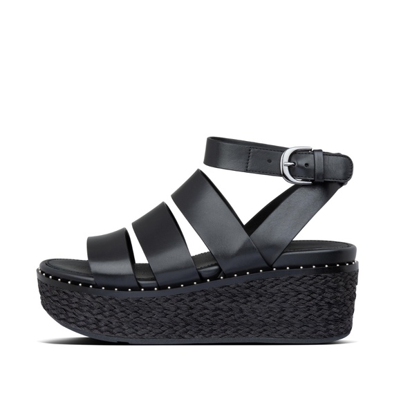 FitFlop Eloise Black Ankle Strap Open Toe Strappy Upper Espadrille Wedge Sandals - Picture 8 of 9